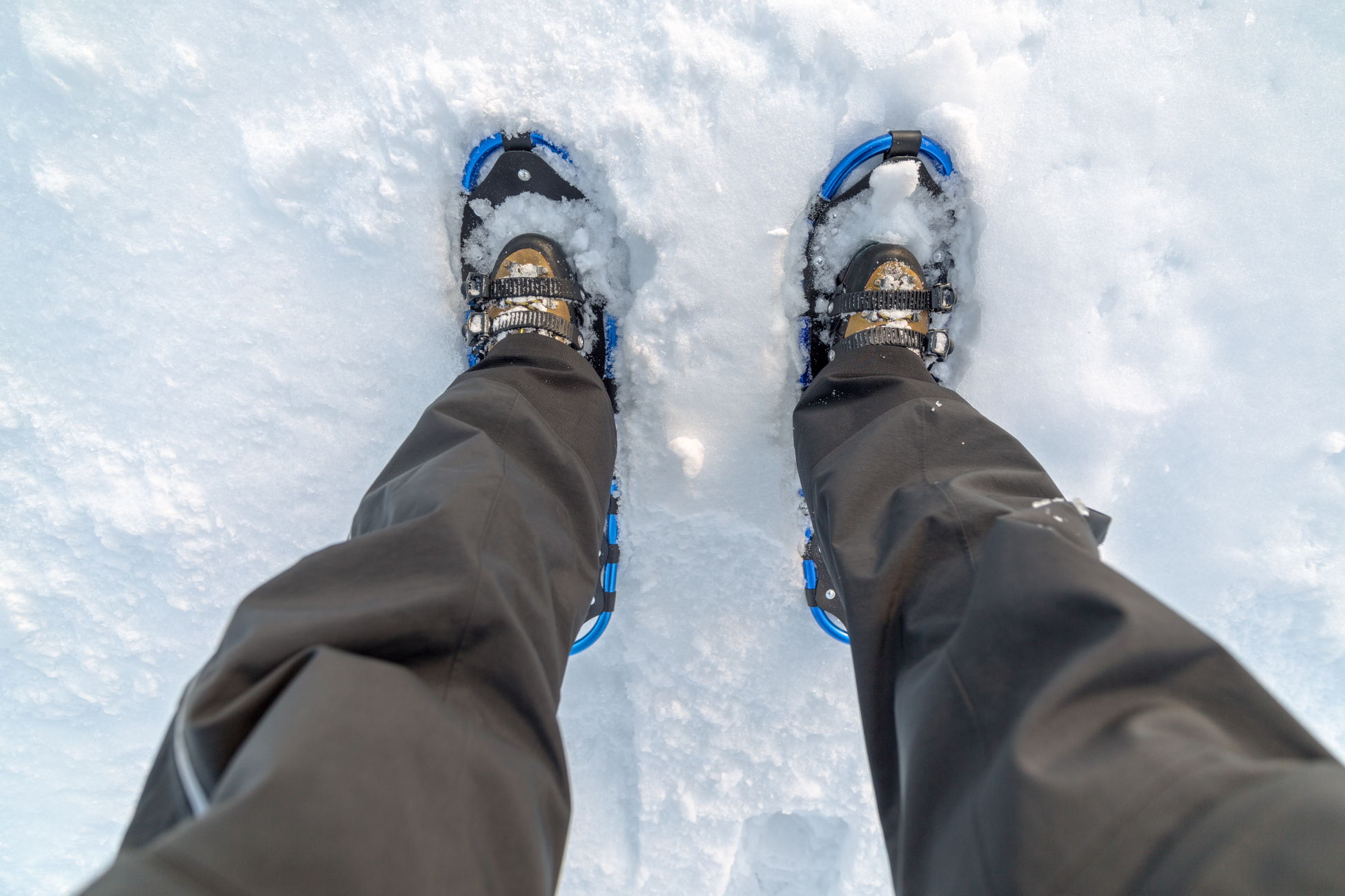 Los pies de un excursionista con raquetas de nieve en la nieve.