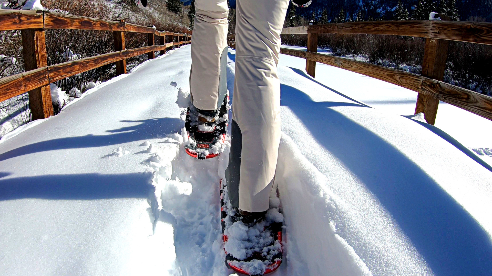 Una persona con raquetas de nieve sobre un puente