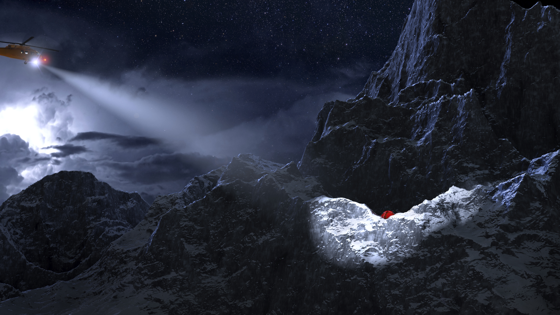 Un helicóptero en busca de excursionistas dentro de una bolsa de ambos en una montaña por la noche